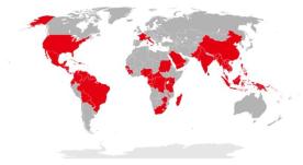 Denota Países Red Com a transmissão anterior ou atual local de CHIKV, por CDC a partir de julho de 2015.